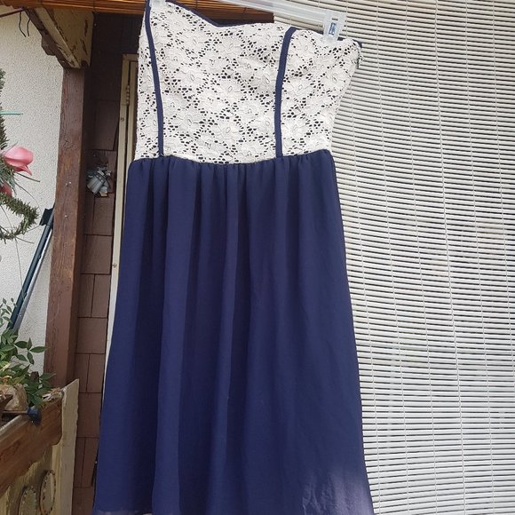 Navy and White Lace Prevett Strapless Dress L - Picture 1 of 5